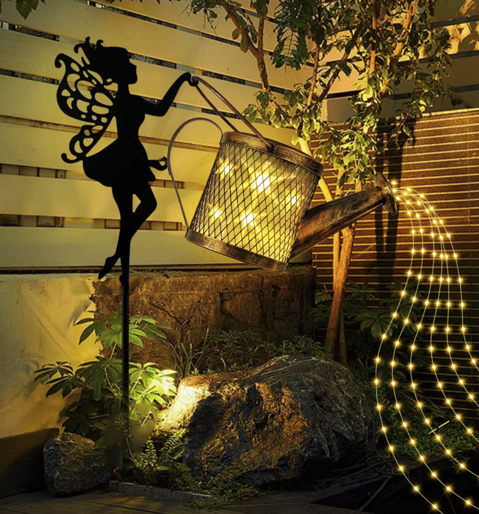 GLUAAE Solar LED Garden Lights Outdoor Decor โ Watering Can Stake Light with Built-in String Lights, Waterproof IP55, Decorative Yard & Pathway Lighting for Lawn, Patio, Backyard (Warm White)