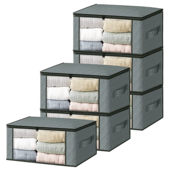 6 Pack Storage Bags, Foldable Clothes Organizer with Clear Window Sturdy Handles for Cloth, Toy, Bedding Storage, Blankets, Grey, 19.7 x 13.78 x 7.87 inch