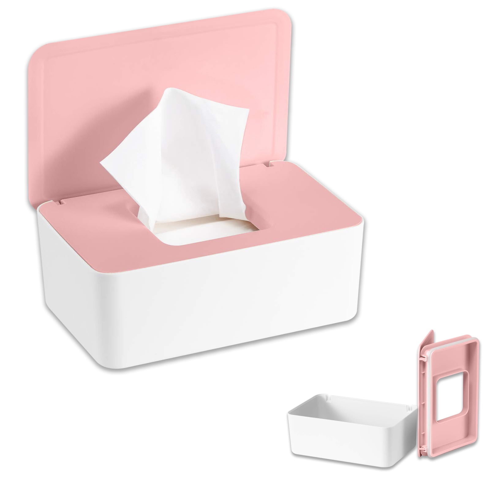 Wipe Container with Sealing Design Lid, Baby Wipes Dispenser for Napkin Tissues, Portable & Reusable Bathroom Storage Wipes Case to Keep Wipe Fresh (White & Pink)