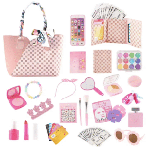 GLUAAE 42 Pcs Kids Toy Travel Bag & Makeup Kit for Girls - Play Purse Set with Wallet, Sunglasses, Phone & Sun Hat, Pretend Play Accessories (Best Birthday Gift for Ages 3-8)