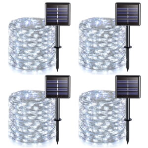 GLUAAE Solar Outdoor String Lights,100 LED Solar Powered Fairy Lights 33 feet 8 Modes Copper Wire Lights Waterproof Outdoor String Lights(White)4Pack