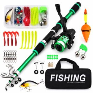 GLUAAE 5.9-Ft Telescopic Fishing Rod and Spinning Reel Combo with Tackle Kit, Lures, Hooks, Float and Carry Bag for Freshwater Saltwater Fishing, Green