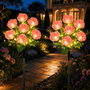 GLUAAE 2-Pack Solar Rose Garden Lights, 7-Flower Warm White Outdoor Stake Lights, IP65 Waterproof Decorative Lights for Yard Patio Lawn, Pink