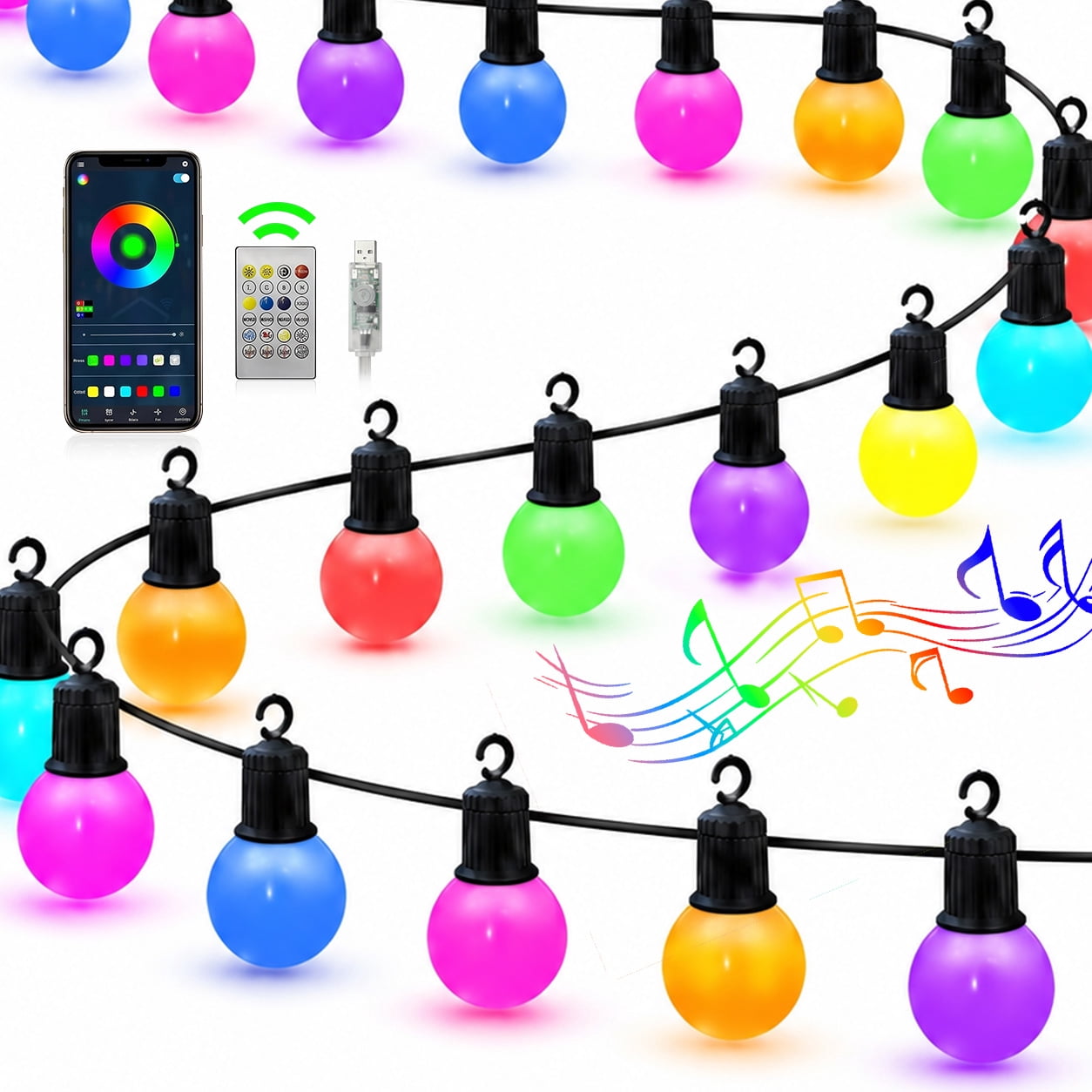 GLUAAE 105FT Smart Outdoor String Lights, 50 G40 Color Changing LED Bulbs with App and Remote Control, Music Sync, Timer, USB Powered, Multicolor