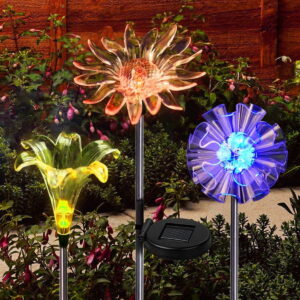 GLUAAE Solar Garden Lights Outdoor, 3 Pack LED Solar Stake Light, Multi-Color Changing Solar Powered Decorative Landscape Lighting Dandelion Lily Sunflower for Path, Yard, Lawn, Christmas