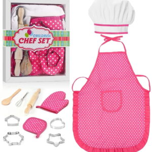 TiokMc Kids Cooking Set, 11 Piece Chef Role Play Baking Kit for Ages 3-8, Apron, Chef Hat, Oven Mitt, Utensils & Cookie Cutters, Pretend Kitchen Toy Gift, Pink