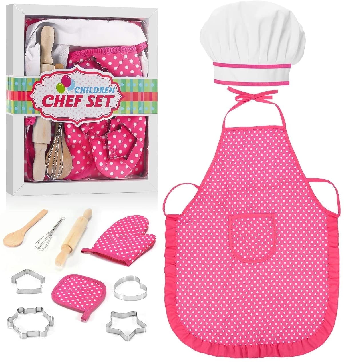 TiokMc Kids Cooking Set, 11 Piece Chef Role Play Baking Kit for Ages 3-8, Apron, Chef Hat, Oven Mitt, Utensils & Cookie Cutters, Pretend Kitchen Toy Gift, Pink