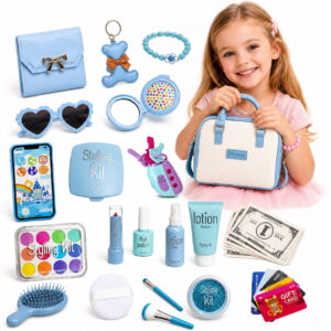 GLUAAE 38-Piece Kids Pretend Makeup and Purse Set with Handbag, Wallet, Bracelet, Phone, Sunglasses, Hairbrush, Play Money and Cosmetics for Girls Ages 3+, Blue