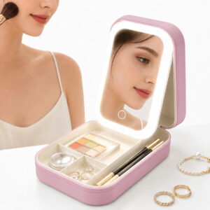 GLUAAE Jewelry Box with LED Mirror, Portable Travel Jewelry Organizer Case with 3 Light Modes, 4 Compartments, PU Leather Makeup and Jewelry Storage for Women and Girls, Pink