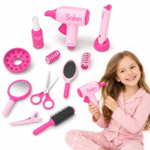 GLUAAE 12-Piece Kids Pretend Play Hair Salon Set with Toy Hair Dryer, Scissors, Combs and Mirror, Toddler Beauty Stylist Dress-Up Kit for Girls Ages 3-8, Pink