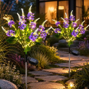GLUAAE 2-Pack Solar Salvia Flower Garden Lights, Purple Outdoor Decorative Stake Lights, IP65 Waterproof for Yard Lawn Patio Pathway