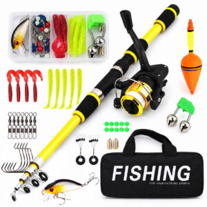 GLUAAE 5.9-Ft Telescopic Fishing Rod and Spinning Reel Combo with Tackle Kit, Lures, Hooks, Float and Carry Bag for Freshwater Saltwater Fishing, Yellow