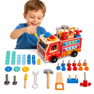 GLUAAE 32-Piece Wooden Tool Box Toy, Car-Shaped Montessori Pretend Play Workbench with Hammer, Screwdriver, Saw, Nuts and Bolts for Kids Ages 3-5