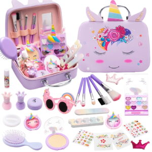 GLUAAE Washable Kids Makeup Kit for Girls - 26PCS Pretend Play Cosmetic Set with Carrying Case, Princess Dress Up Toys for Ages 3-12 (Purple, Perfect Birthday Gift)