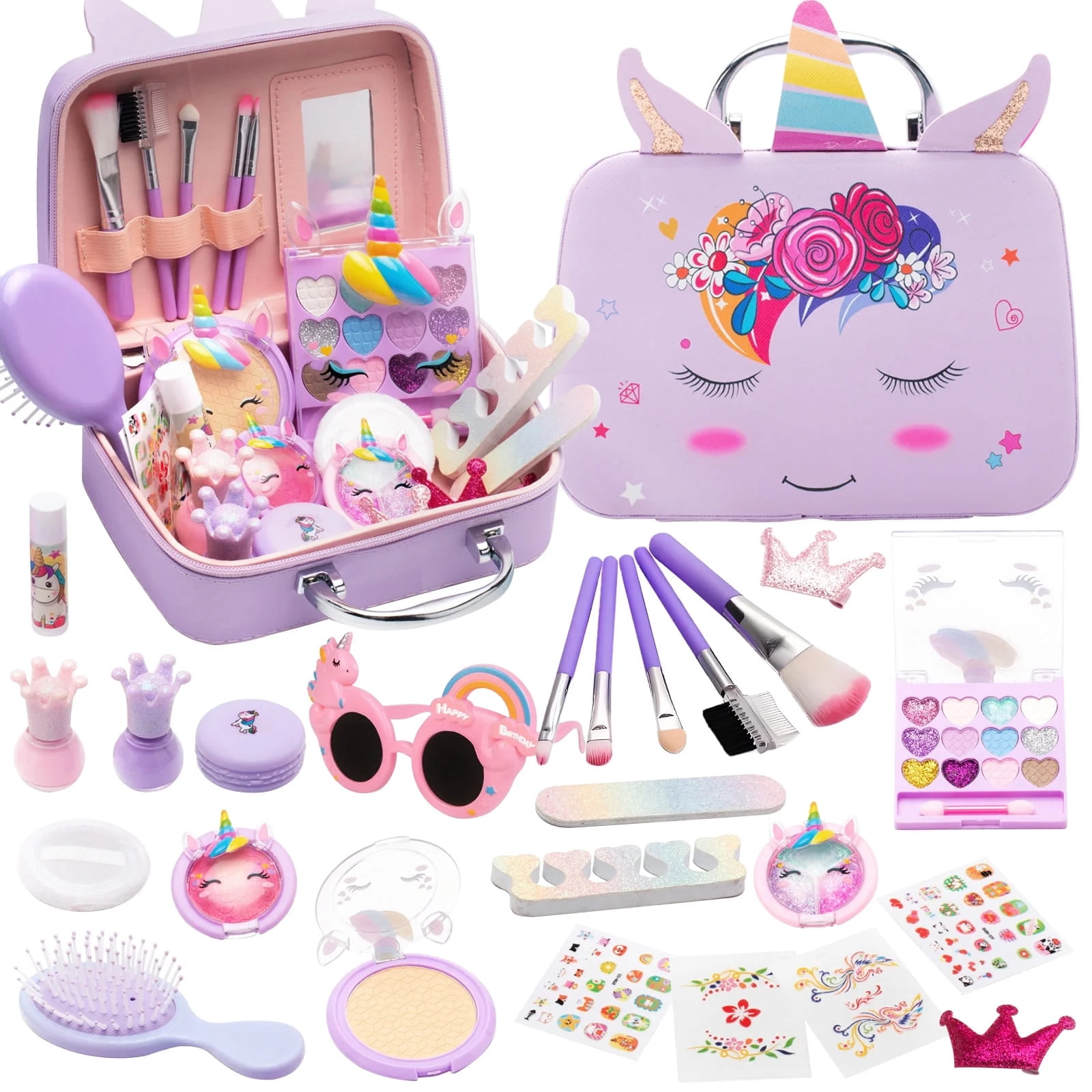 GLUAAE Washable Kids Makeup Kit for Girls - 26PCS Pretend Play Cosmetic Set with Carrying Case, Princess Dress Up Toys for Ages 3-12 (Purple, Perfect Birthday Gift)