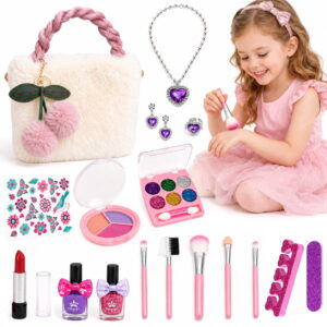 GLUAAE 18-Piece Kids Pretend Makeup Set with Fluffy Handbag, Eyeshadow Palettes, Nail Polish, Makeup Brushes and Jewelry, Dress-Up Toy for Ages 3+, White
