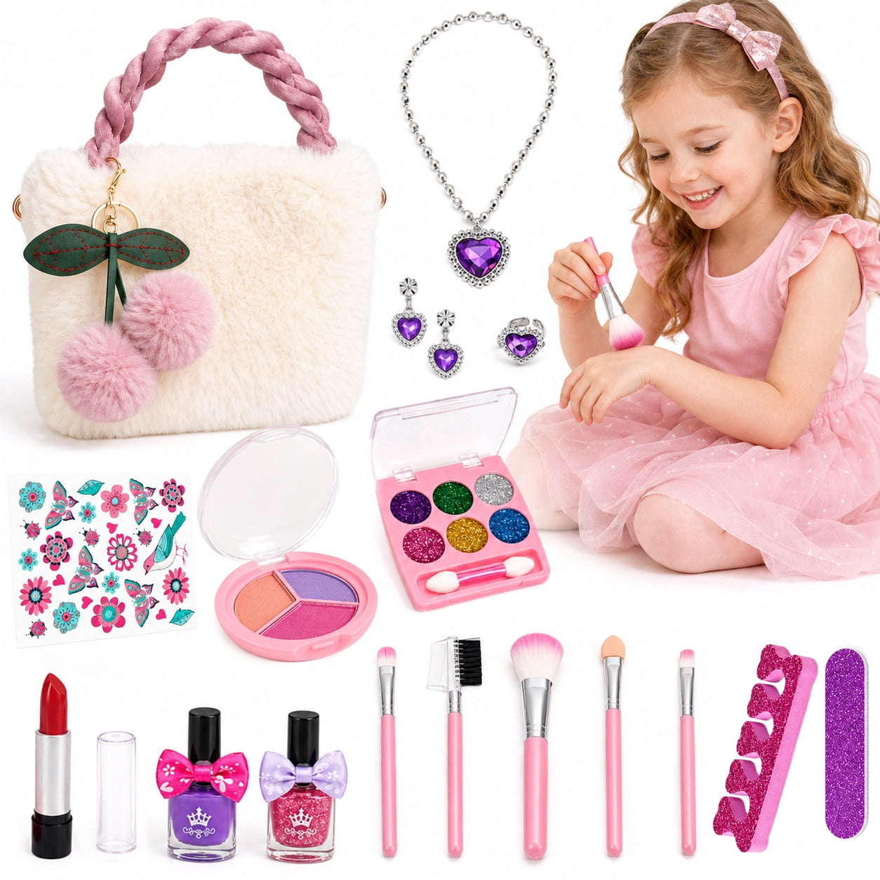 GLUAAE 18-Piece Kids Pretend Makeup Set with Fluffy Handbag, Eyeshadow Palettes, Nail Polish, Makeup Brushes and Jewelry, Dress-Up Toy for Ages 3+, White