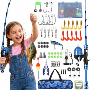 GLUAAE Kids Fishing Pole and Reel Combo, 4.9-Ft Telescopic Fiberglass Rod with Spincast Reel, Tackle Kit and Travel Bag for Ages 3-10, Blue