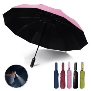 Automatic folding umbrella with LED flashlight handle, lightweight for travel, 10 ribs, portable for kids and adults in sun or rain(Pink)