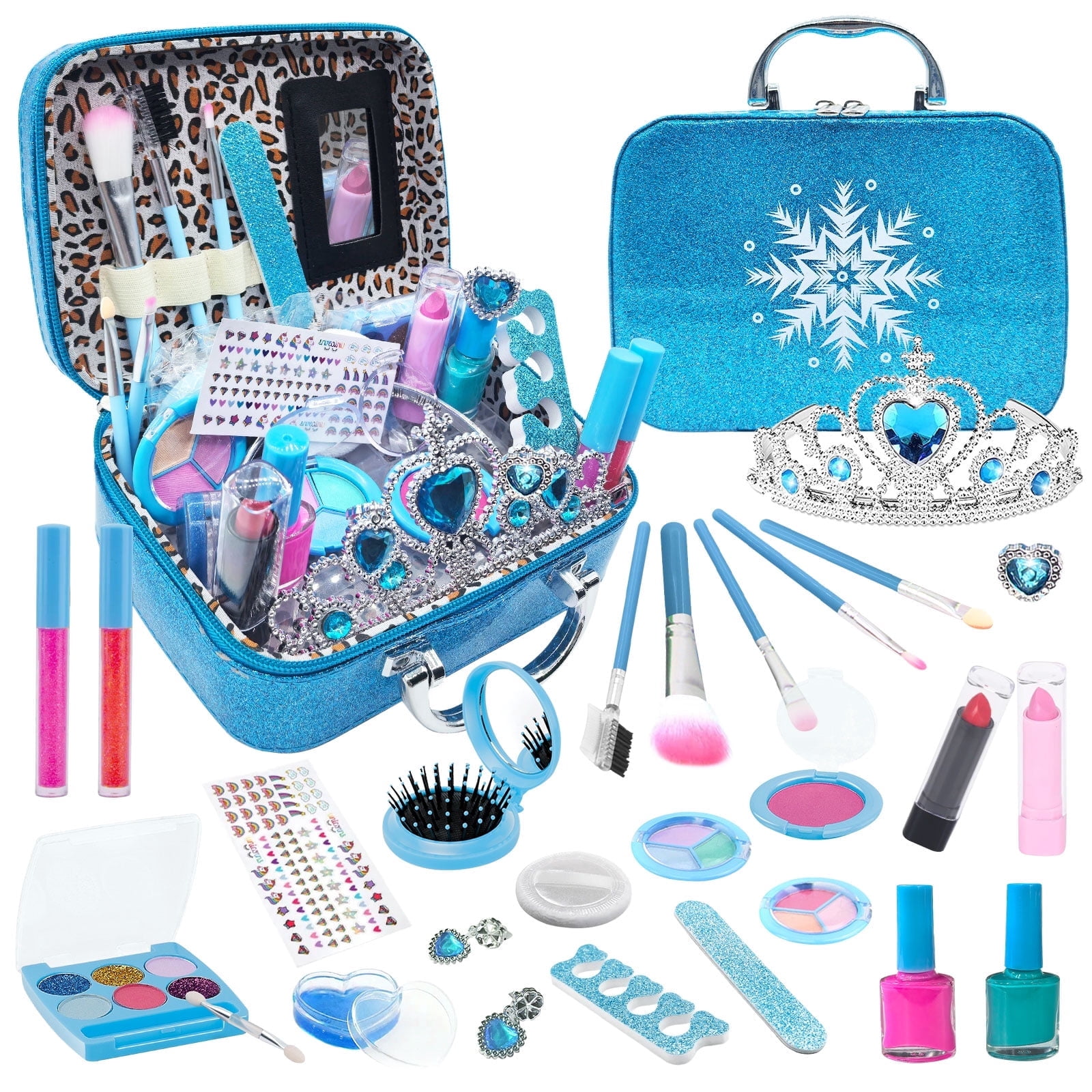 TiokMc Kids Makeup Kit for Girls, 25 Piece Washable Real Cosmetic Toy Set with Eye Shadow, Lip Gloss, Nail Polish, Brushes and Case, Pretend Play Gift Ages 4-8