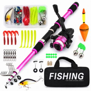 GLUAAE 5.9-Ft Telescopic Fishing Rod and Spinning Reel Combo with Tackle Kit, Lures, Hooks, Float and Carry Bag for Freshwater Saltwater Fishing, Pink