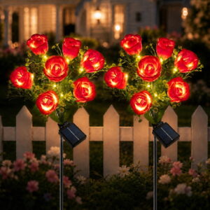 GLUAAE 2-Pack Solar Rose Bud Garden Lights, Warm White Outdoor Stake Lights, IP65 Waterproof Decorative Lights for Yard Patio Lawn Pathway, Red