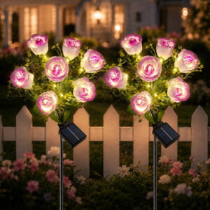 GLUAAE 2-Pack Solar Rose Bud Garden Lights, Warm White Outdoor Stake Lights, IP65 Waterproof Decorative Lights for Yard Patio Lawn Pathway, Purple