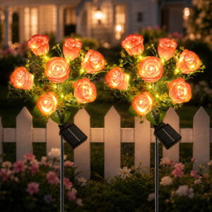 GLUAAE 2-Pack Solar Rose Bud Garden Lights, Warm White Outdoor Stake Lights, IP65 Waterproof Decorative Lights for Yard Patio Lawn Pathway, Pink