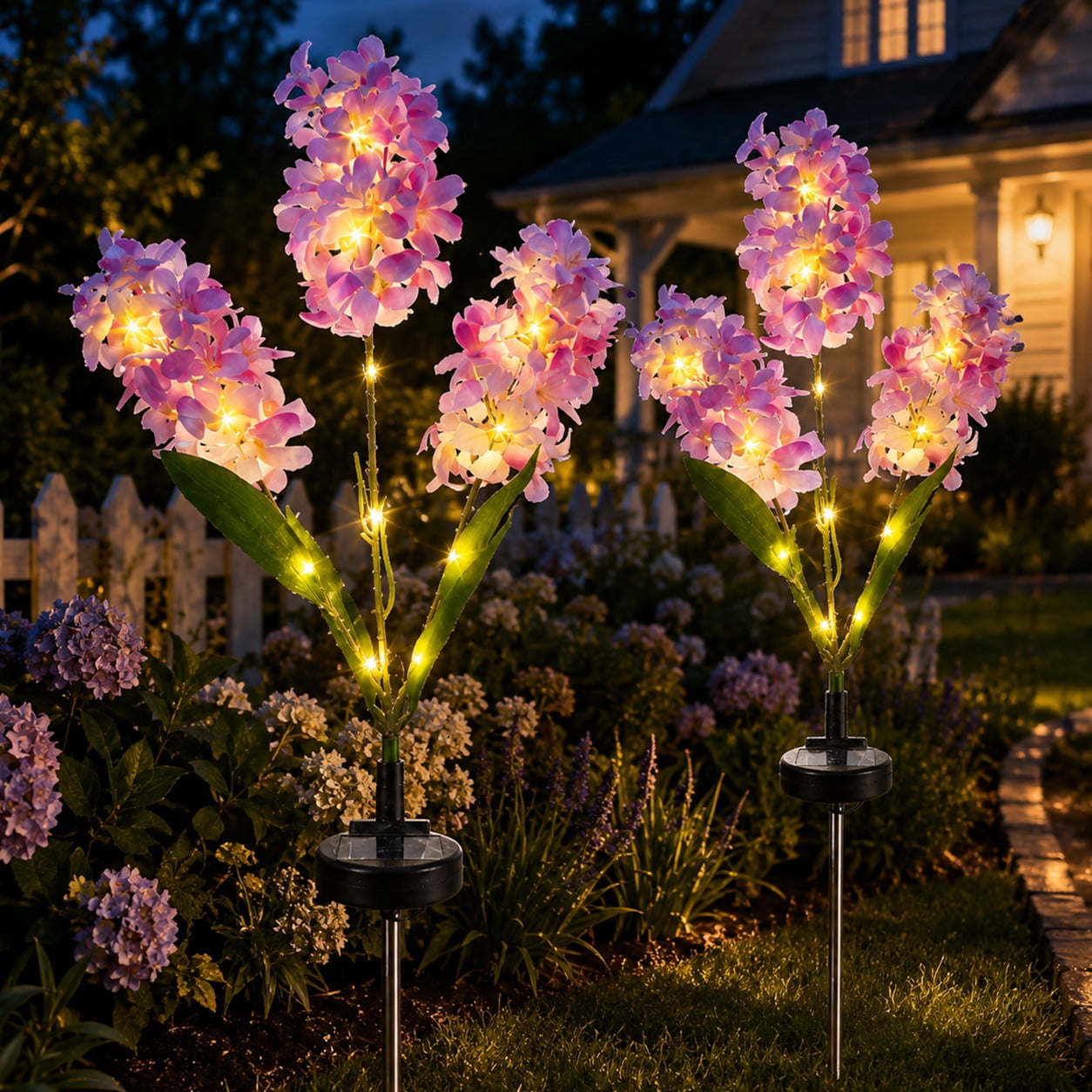 GLUAAE 2-Pack Solar Hyacinth Flower Garden Lights, 3-Head Warm White Outdoor Stake Lights, Waterproof Landscape Decor for Yard Patio Lawn Pathway, Purple