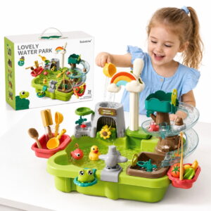 GLUAAE 38-Piece Kids Water Table Playset with Manual Pump, Rainbow Fountain, Spiral Slide, Fishing Game and Kitchen Accessories for Toddlers Ages 3+, Green