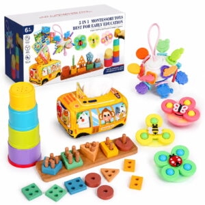 GLUAAE 5-in-1 Montessori Baby Toy Set with Shape Sorter, Stacking Cups, Pull String Toy, Sensory Spinners and Cloth Tissue Box for Babies Ages 6-12 Months