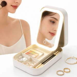 GLUAAE Jewelry Box with LED Mirror, Portable Travel Jewelry Organizer Case with 3 Light Modes, 4 Compartments, PU Leather Makeup and Jewelry Storage for Women and Girls, White