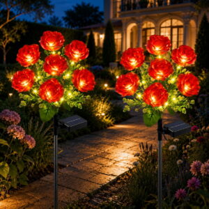 GLUAAE 2-Pack Solar Rose Garden Lights, 7-Flower Warm White Outdoor Stake Lights, IP65 Waterproof Decorative Lights for Yard Patio Lawn, Red