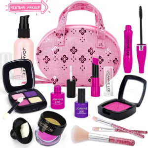 TiokMc Perfect Play Kit for Girls, 12-Piece Pretend Makeup Set with Glitter Cosmetic Bag, Safe Non-Toxic Toy Vanity for Toddlers and Kids Ages 3-8, Not Real Makeup
