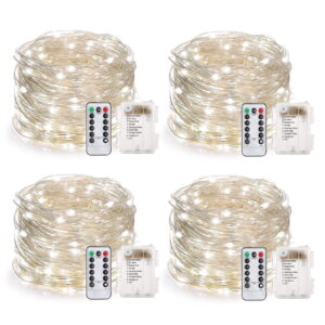 33 Feet 100 Led Fairy Lights Battery Operated with Remote Control Timer Waterproof Copper Wire Twinkle String Lights for Bedroom Indoor Outdoor Wedding Dorm Decor, Cool White 4Pack