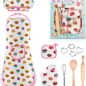 TiokMc Kids Cooking Set, 11 Piece Chef Role Play Baking Kit for Ages 3-8, Apron, Chef Hat, Oven Mitt, Utensils & Cookie Cutters, Pretend Kitchen Toy Gift, White