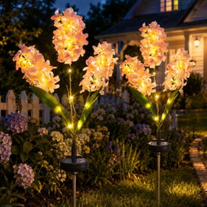 GLUAAE 2-Pack Solar Hyacinth Flower Garden Lights, 3-Head Warm White Outdoor Stake Lights, Waterproof Landscape Decor for Yard Patio Lawn Pathway, Pink