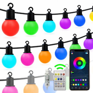 GLUAAE 55.8FT Smart Outdoor String Lights, 25 G40 Color Changing LED Bulbs with App and Remote Control, Music Sync, Timer, USB Powered, Multicolor