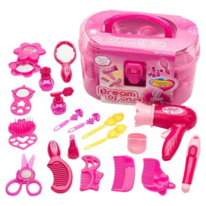GLUAAE Girl Makeup Kit - Kids Real Washable Play Makeup Toy for Toddler Gifts Age 3+, Hairdryer, Brush,Mirror & Styling(17pcs)