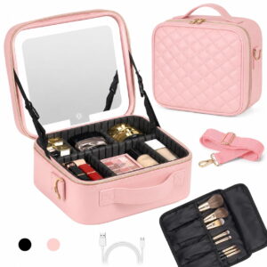 GLUAAE 10-Inch Makeup Bag with Detachable LED Mirror, Portable Cosmetic Organizer Case with Adjustable Dividers, USB Rechargeable, Large Capacity Travel Vanity Case for Women, Pink