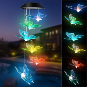 GLUAAE Solar Butterfly Wind Chime-Color-Changing LED Outdoor Decor with 6 Butterflies,for Home, Party, Festival Decor, Night Garden Decoration
