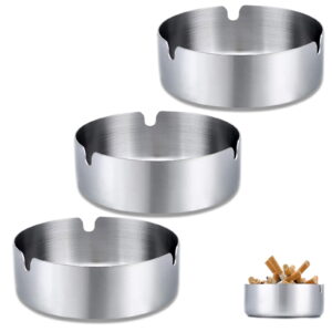 GLUAAE 3 Pack Round Stainless Steel Cigarette Ashtray, Durable Smoking Accessories Ash Holder for Home, Hotel, Restaurant, Indoor, Outdoor (Silver)