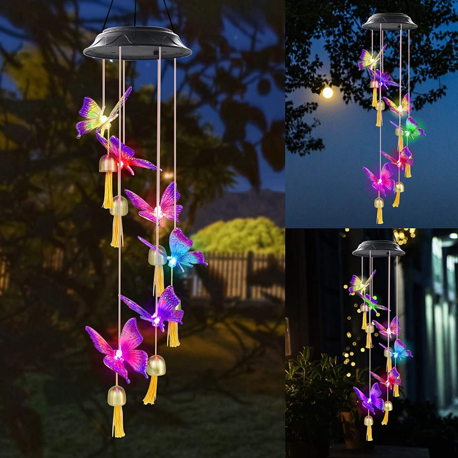 GLUAAE Wind Chimes Outdoor, Solar Butterfly Wind Chime LED Color Changing Waterproof Decorative Patio Lights for Home Party Yard Garden