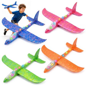 GLUAAE 4-Pack LED Light Up Foam Glider Airplanes, 18.5-Inch Hand Throwing Flying Plane Toys with 2 Flight Modes for Kids Ages 3+, Outdoor Birthday Gift, Multicolor
