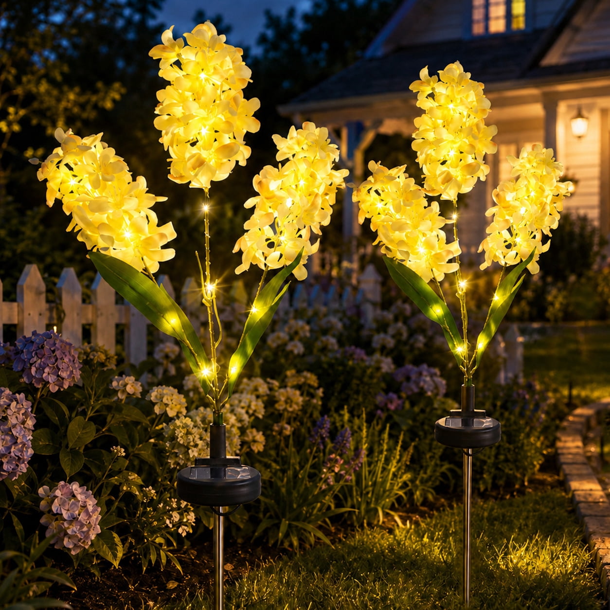 GLUAAE 2-Pack Solar Hyacinth Flower Garden Lights, 3-Head Warm White Outdoor Stake Lights, Waterproof Landscape Decor for Yard Patio Lawn Pathway, Yellow
