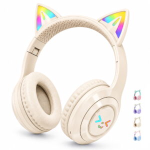GLUAAE Wireless Cat Ear Headphones, Bluetooth Over-Ear Headset with LED Lights, Mic, 10H Playtime, Type-C Charging, Foldable Design, Beige