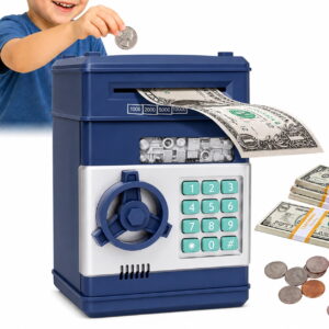 GLUAAE Electronic Piggy Bank ATM Safe for Kids with 4-Digit Password, Automatic Bill Roller, Coin and Cash Storage, Money Saving Bank for Ages 3-10, Navy