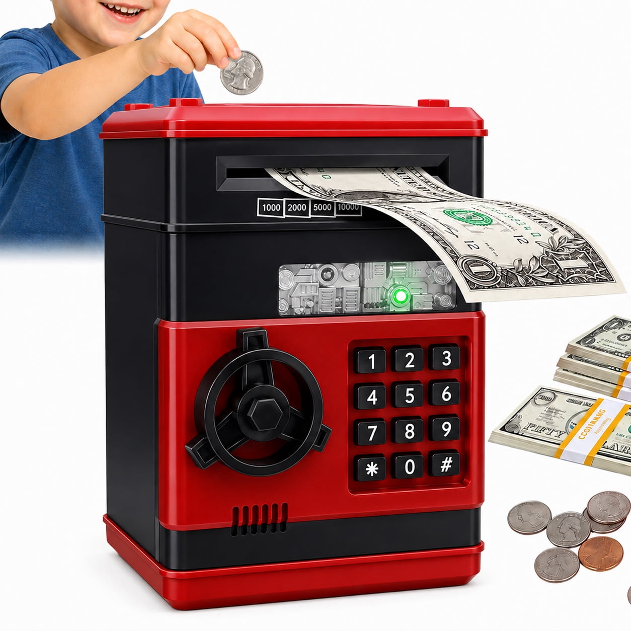 GLUAAE Electronic Piggy Bank ATM Safe for Kids with 4-Digit Password, Automatic Bill Roller, Coin and Cash Storage, Money Saving Bank for Ages 3-10, Black and Red