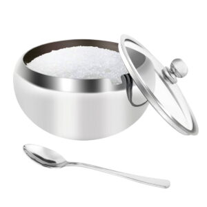 GULAAE Stainless Steel Sugar Bowl with Clear Glass Lid - for better recognition, and Spoon for Home and Kitchen, Drum Shade,16.9oz