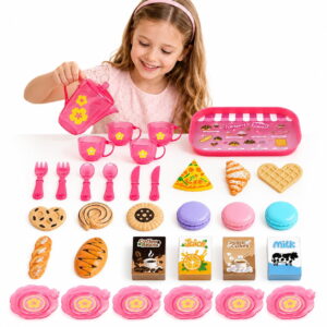 GLUAAE 33-Piece Kids Pretend Play Kitchen Tea Party Set with Play Food and Accessories, ABS Toy Kitchen Role-Play Set for Boys and Girls Ages 3+, Pink